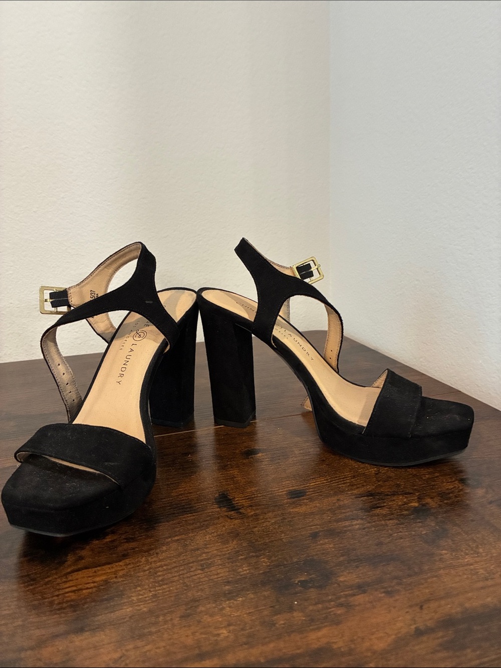 Black Platform Block Heel Sandals with Gold Buckles